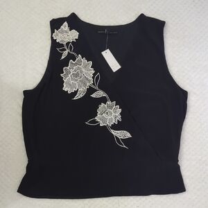 WHBM Black Sleeveless Top with White Floral Embroidery